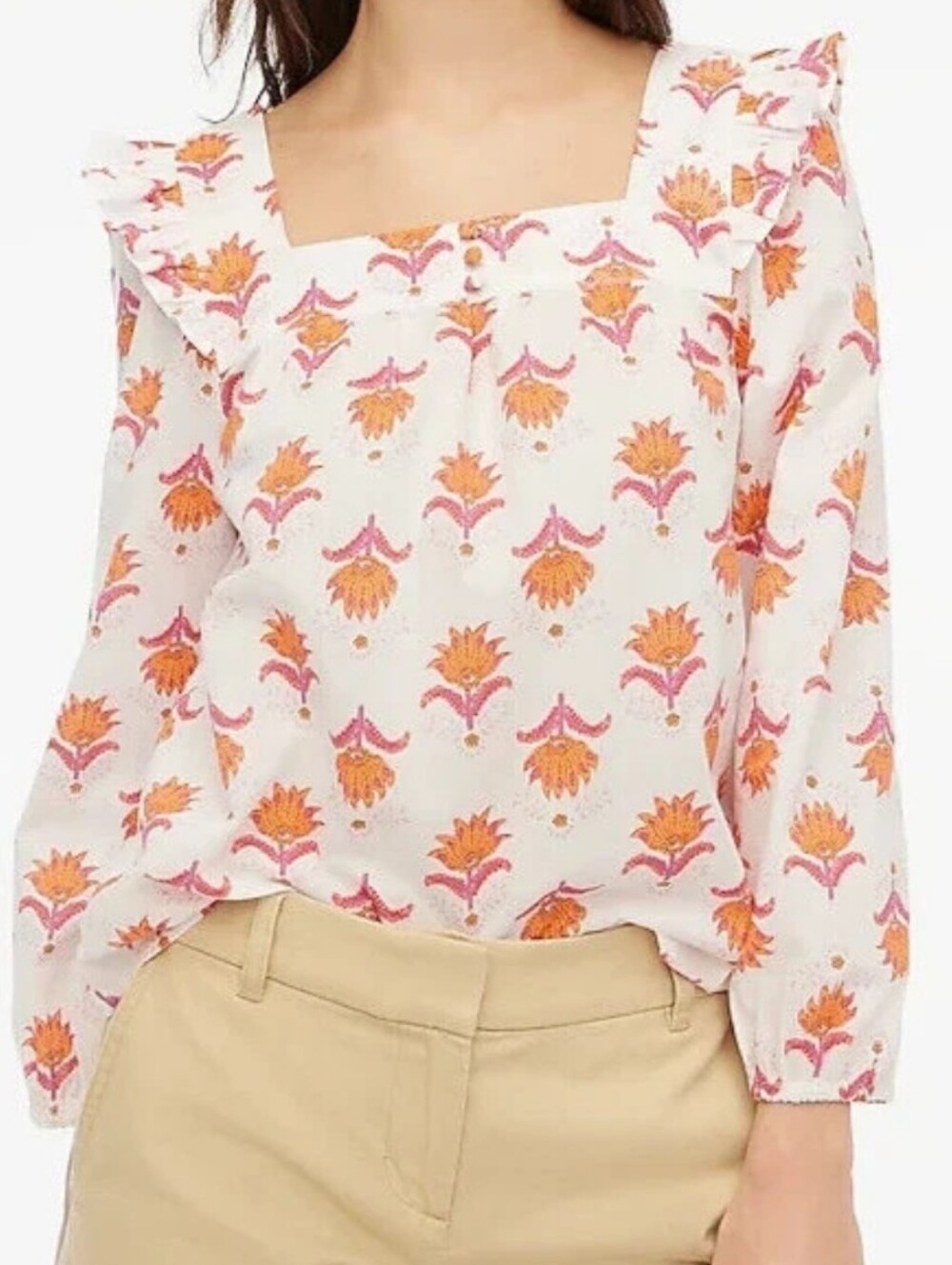 J. Crew White Square-Neck Long-Sleeve Cotton Top In Pink & Orange Floral Medium
